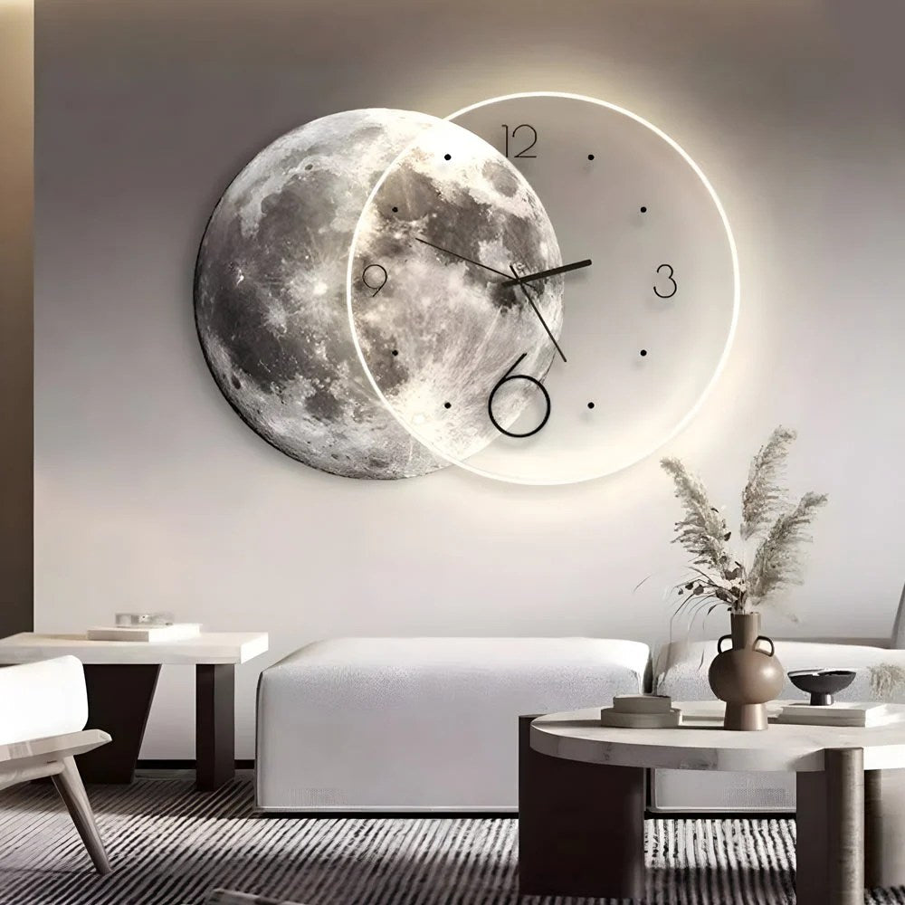 Moon Lunar Wall Clock USB Remote Control Power Bank LED Wall Painting Lamp, 2 Sizes, Black/Glod