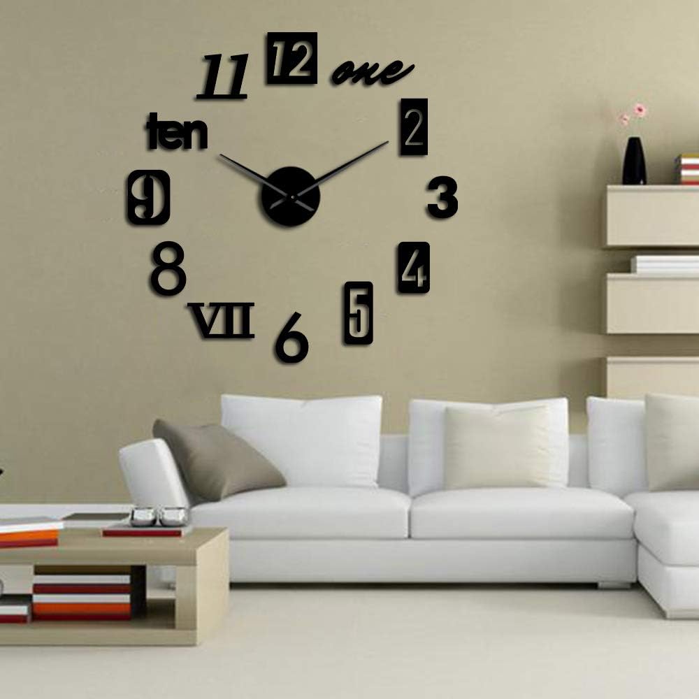 The Geeky Days Fishon Numbers Giant Big DIY Large Frameless Wall Clock with Mirror Effect Wall Art Home Decor(Black)