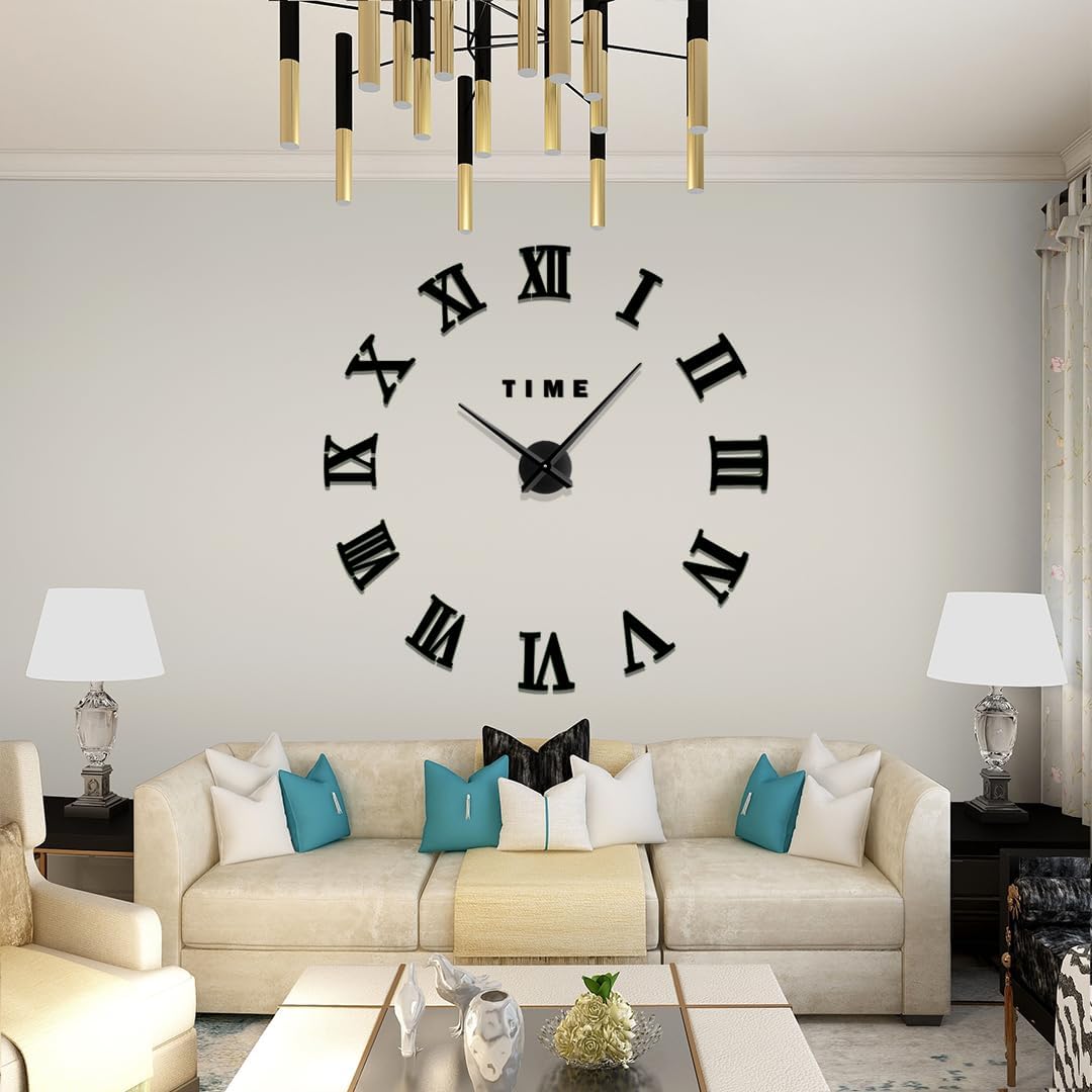 Roman Numerals Frameless DIY 3D Wall Clock for Living Room Decor, Decorative Wall Clocks Battery Operated 28x28 inches