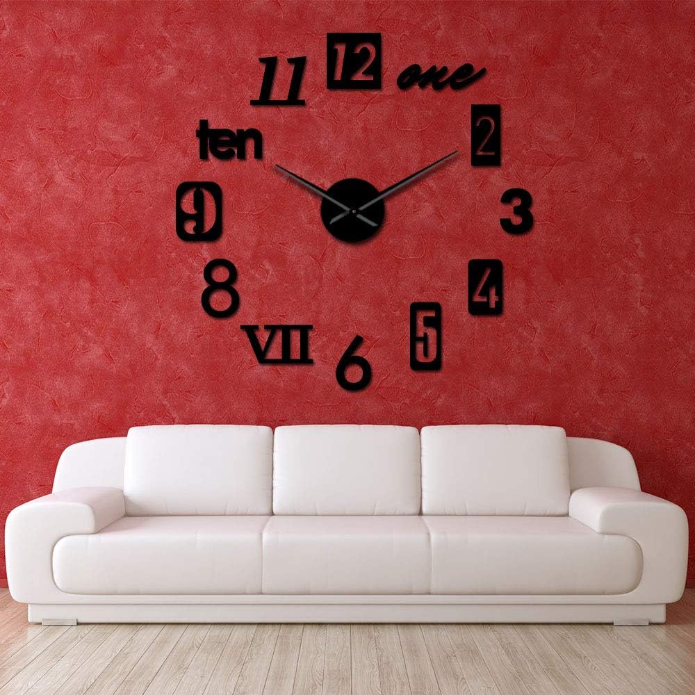 The Geeky Days Fishon Numbers Giant Big DIY Large Frameless Wall Clock with Mirror Effect Wall Art Home Decor(Black)