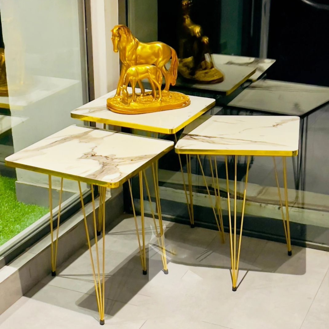 Square Metal Legs Table Set with Golden Border – 3 Pcs