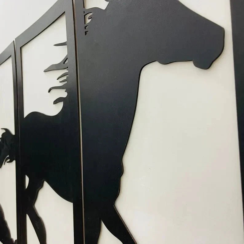 Majestic Wooden Wall Decor: Horse Scenery Art for Timeless Elegance.